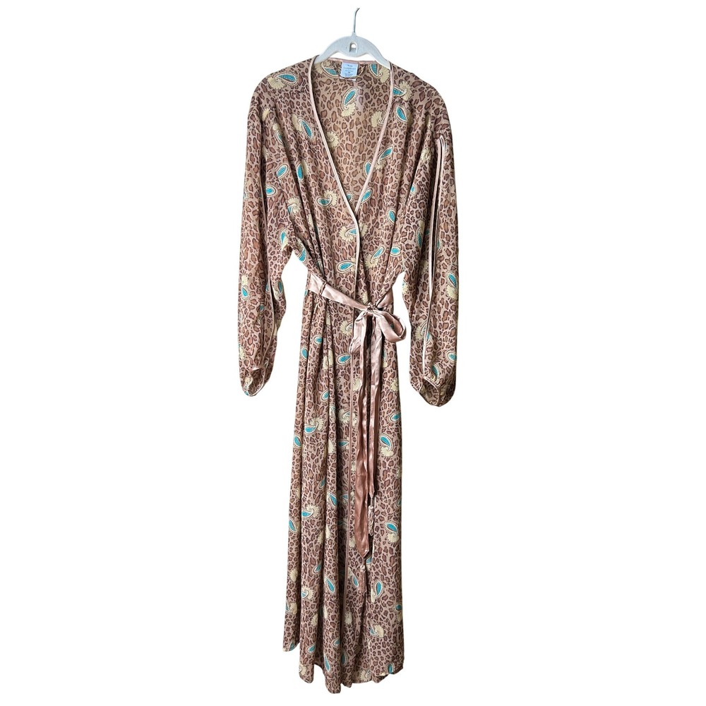 Cabernet Sleep Sense‎ Robe 1X Brown Leopard Paisley Print Satin Trim Long Sleeve